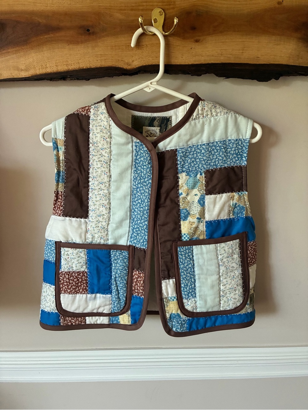 Field + Stitch Handmade Patchwork Vintage Blue Brown Log Cabin Quilt Vest S